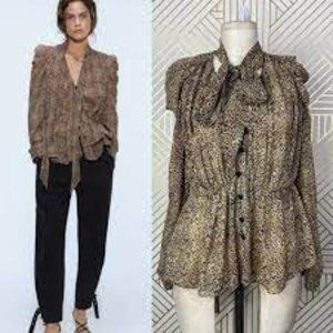 ZARA LEOPARD PRINT PUSSYCAT BOW TIE 90'S STYLE BLOUSE IN BLACK/BROWN SZ M